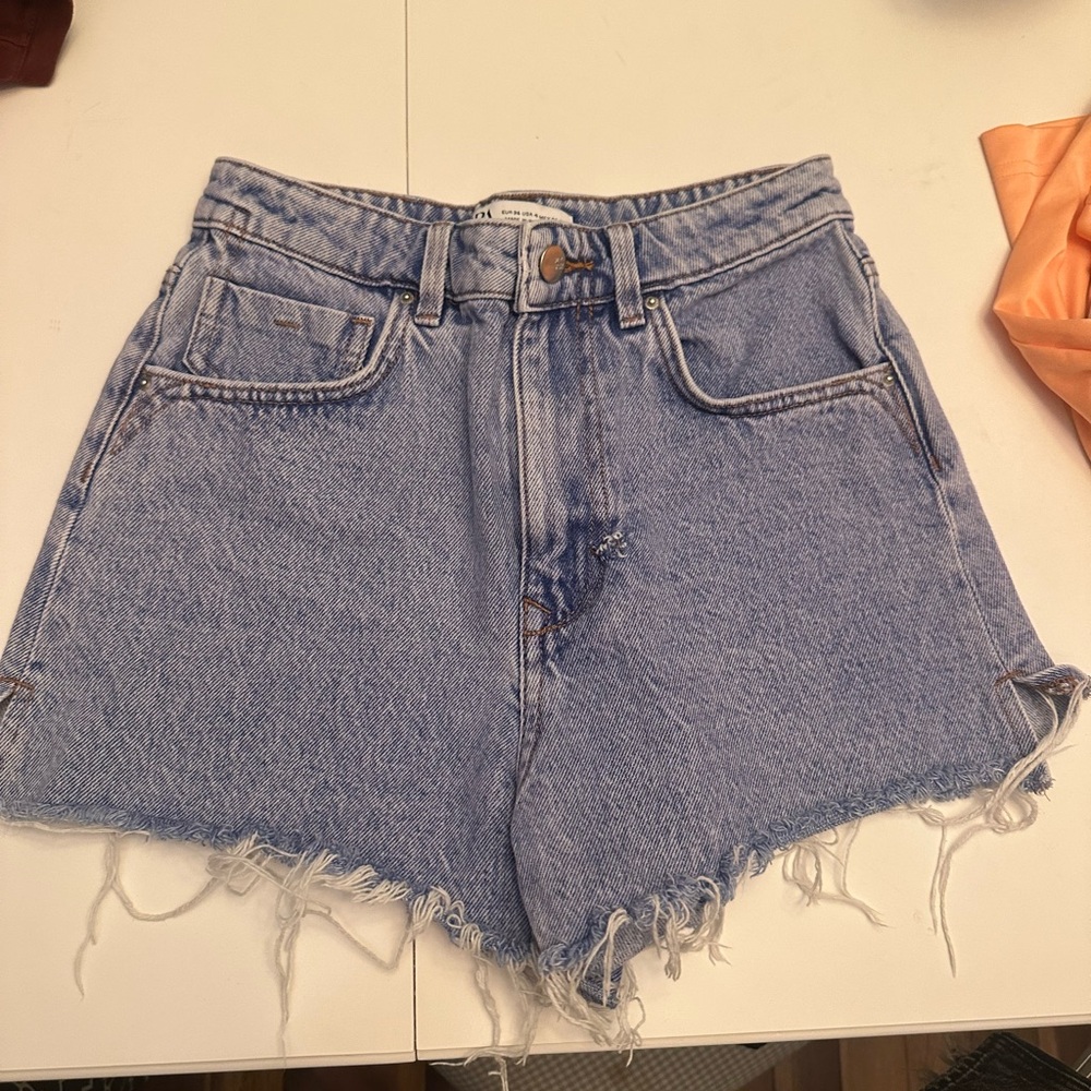 Zara Light Blue Frayed Jean Shorts